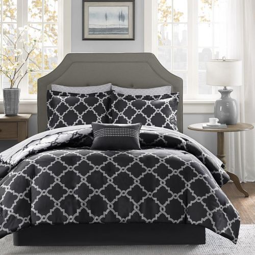  Madison Park Essentials Merritt King Size Bed Comforter Set Bed in A Bag - PurpleGrey, Geometric  9 Pieces Bedding Sets  Ultra Soft Microfiber Bedroom Comforters