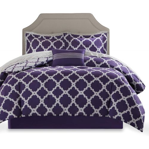  Madison Park Essentials Merritt King Size Bed Comforter Set Bed in A Bag - PurpleGrey, Geometric  9 Pieces Bedding Sets  Ultra Soft Microfiber Bedroom Comforters