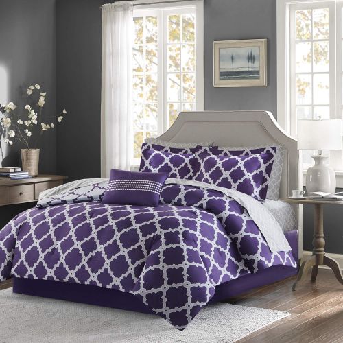  Madison Park Essentials Merritt King Size Bed Comforter Set Bed in A Bag - PurpleGrey, Geometric  9 Pieces Bedding Sets  Ultra Soft Microfiber Bedroom Comforters