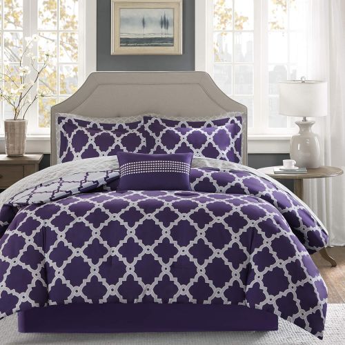  Madison Park Essentials Merritt King Size Bed Comforter Set Bed in A Bag - PurpleGrey, Geometric  9 Pieces Bedding Sets  Ultra Soft Microfiber Bedroom Comforters