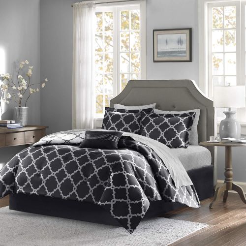  Madison Park Essentials Merritt King Size Bed Comforter Set Bed in A Bag - PurpleGrey, Geometric  9 Pieces Bedding Sets  Ultra Soft Microfiber Bedroom Comforters