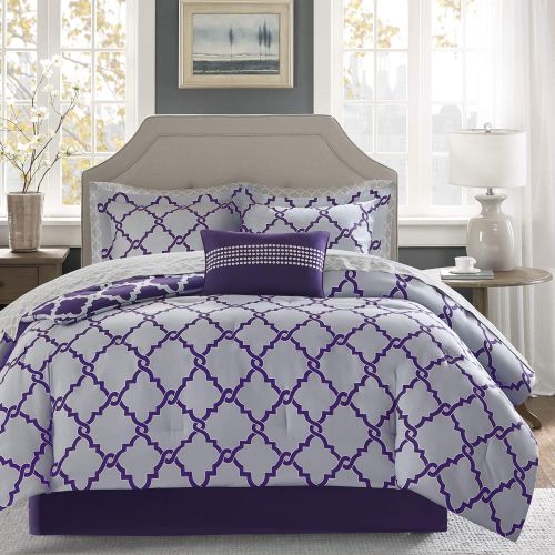  Madison Park Essentials Merritt King Size Bed Comforter Set Bed in A Bag - PurpleGrey, Geometric  9 Pieces Bedding Sets  Ultra Soft Microfiber Bedroom Comforters