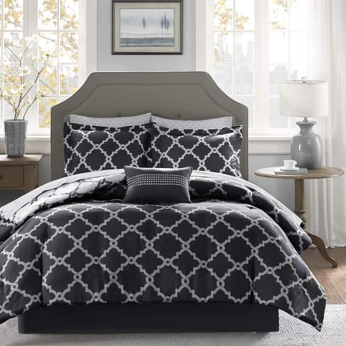  Madison Park Essentials Merritt King Size Bed Comforter Set Bed in A Bag - PurpleGrey, Geometric  9 Pieces Bedding Sets  Ultra Soft Microfiber Bedroom Comforters