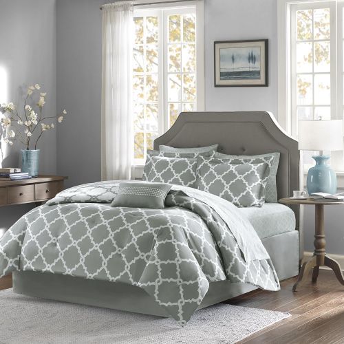  Madison Park Essentials Merritt King Size Bed Comforter Set Bed in A Bag - PurpleGrey, Geometric  9 Pieces Bedding Sets  Ultra Soft Microfiber Bedroom Comforters