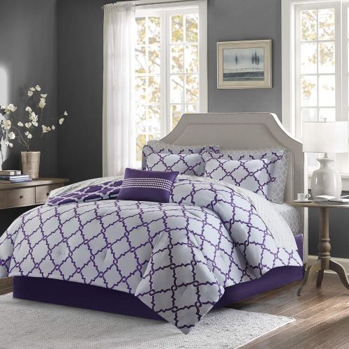  Madison Park Essentials Merritt King Size Bed Comforter Set Bed in A Bag - PurpleGrey, Geometric  9 Pieces Bedding Sets  Ultra Soft Microfiber Bedroom Comforters