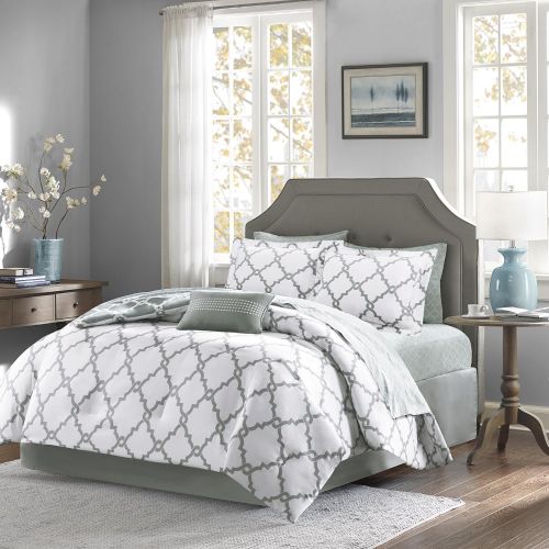  Madison Park Essentials Merritt King Size Bed Comforter Set Bed in A Bag - PurpleGrey, Geometric  9 Pieces Bedding Sets  Ultra Soft Microfiber Bedroom Comforters