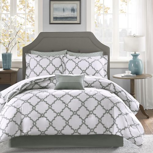  Madison Park Essentials Merritt King Size Bed Comforter Set Bed in A Bag - PurpleGrey, Geometric  9 Pieces Bedding Sets  Ultra Soft Microfiber Bedroom Comforters