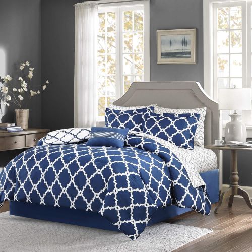  Madison Park Essentials Merritt King Size Bed Comforter Set Bed in A Bag - PurpleGrey, Geometric  9 Pieces Bedding Sets  Ultra Soft Microfiber Bedroom Comforters