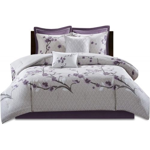  Madison Park Serena Queen Size Bed Comforter Set Bed in A Bag - Grey, Floral  7 Pieces Bedding Sets  Sateen Cotton Bedroom Comforters