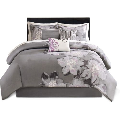  Madison Park Serena Queen Size Bed Comforter Set Bed in A Bag - Grey, Floral  7 Pieces Bedding Sets  Sateen Cotton Bedroom Comforters