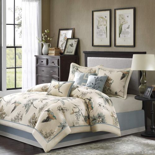  Madison Park Serena Queen Size Bed Comforter Set Bed in A Bag - Grey, Floral  7 Pieces Bedding Sets  Sateen Cotton Bedroom Comforters