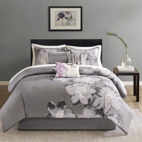  Madison Park Serena Queen Size Bed Comforter Set Bed in A Bag - Grey, Floral  7 Pieces Bedding Sets  Sateen Cotton Bedroom Comforters