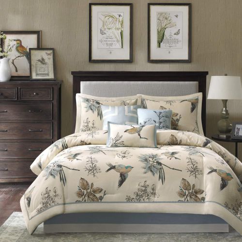  Madison Park Serena Queen Size Bed Comforter Set Bed in A Bag - Grey, Floral  7 Pieces Bedding Sets  Sateen Cotton Bedroom Comforters