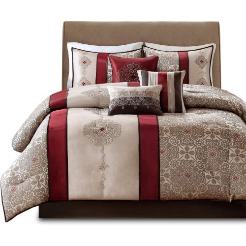  Madison Park Donovan King Size Bed Comforter Set Bed In A Bag - Taupe, Burgundy , Jacquard Pattern  7 Pieces Bedding Sets  Ultra Soft Microfiber Bedroom Comforters