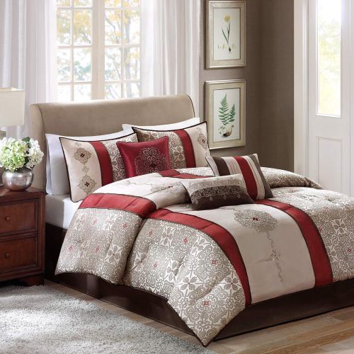  Madison Park Donovan King Size Bed Comforter Set Bed In A Bag - Taupe, Burgundy , Jacquard Pattern  7 Pieces Bedding Sets  Ultra Soft Microfiber Bedroom Comforters