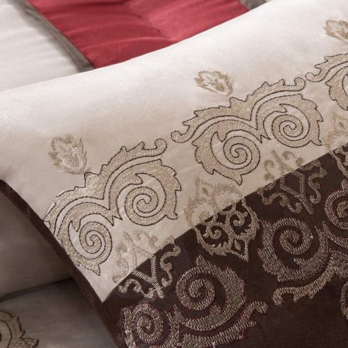  Madison Park Donovan King Size Bed Comforter Set Bed In A Bag - Taupe, Burgundy , Jacquard Pattern  7 Pieces Bedding Sets  Ultra Soft Microfiber Bedroom Comforters