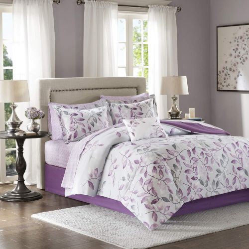  Madison Park Essentials Lafael Queen Size Bed Comforter Set Bed in A Bag - Purple, Grey, Vine Leaf  9 Pieces Bedding Sets  Ultra Soft Microfiber with Cotton Sheets Bedroom Comfor