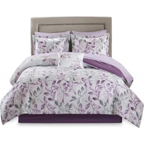  Madison Park Essentials Lafael Queen Size Bed Comforter Set Bed in A Bag - Purple, Grey, Vine Leaf  9 Pieces Bedding Sets  Ultra Soft Microfiber with Cotton Sheets Bedroom Comfor