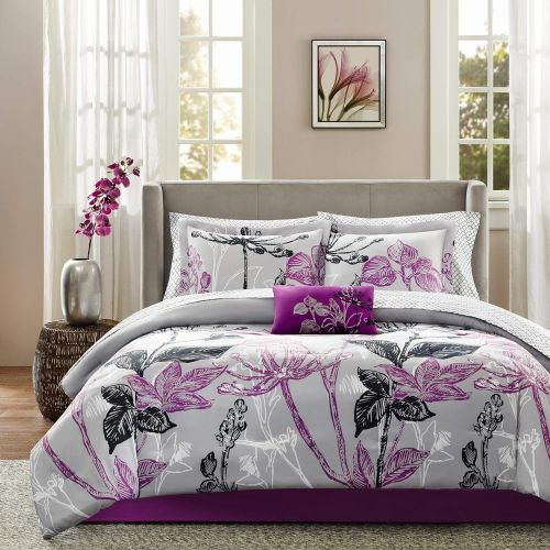  Madison Park Essentials Lafael Queen Size Bed Comforter Set Bed in A Bag - Purple, Grey, Vine Leaf  9 Pieces Bedding Sets  Ultra Soft Microfiber with Cotton Sheets Bedroom Comfor