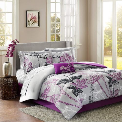  Madison Park Essentials Lafael Queen Size Bed Comforter Set Bed in A Bag - Purple, Grey, Vine Leaf  9 Pieces Bedding Sets  Ultra Soft Microfiber with Cotton Sheets Bedroom Comfor