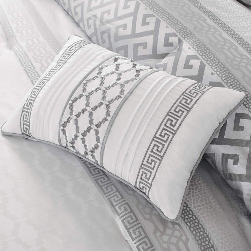  Madison Park Bennett King Size Bed Comforter Set Bed in A Bag - Grey, Jacquard Geometric  7 Pieces Bedding Sets  Faux Silk Bedroom Comforters