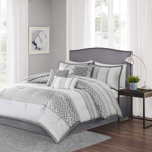  Madison Park Bennett King Size Bed Comforter Set Bed in A Bag - Grey, Jacquard Geometric  7 Pieces Bedding Sets  Faux Silk Bedroom Comforters
