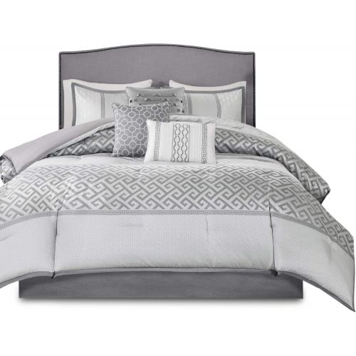  Madison Park Bennett King Size Bed Comforter Set Bed in A Bag - Grey, Jacquard Geometric  7 Pieces Bedding Sets  Faux Silk Bedroom Comforters