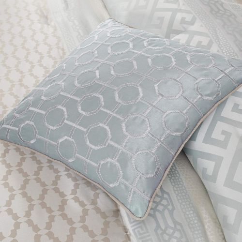  Madison Park Bennett King Size Bed Comforter Set Bed in A Bag - Grey, Jacquard Geometric  7 Pieces Bedding Sets  Faux Silk Bedroom Comforters