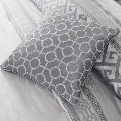  Madison Park Bennett King Size Bed Comforter Set Bed in A Bag - Grey, Jacquard Geometric  7 Pieces Bedding Sets  Faux Silk Bedroom Comforters