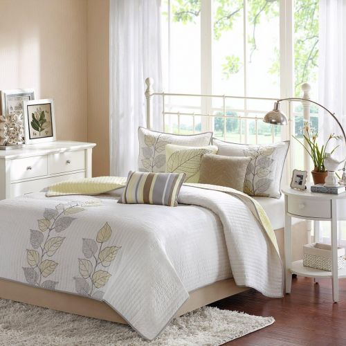  Madison Park Caelie King Size Quilt Bedding Set - Yellow, White, Leaf Embroidery  6 Piece Bedding Quilt Coverlets  Ultra Soft Microfiber Bed Quilts Quilted Coverlet