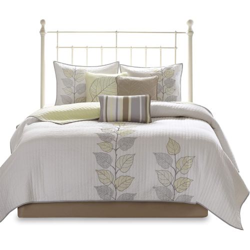  Madison Park Caelie King Size Quilt Bedding Set - Yellow, White, Leaf Embroidery  6 Piece Bedding Quilt Coverlets  Ultra Soft Microfiber Bed Quilts Quilted Coverlet