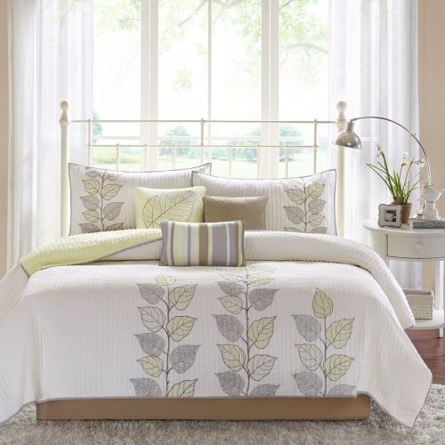  Madison Park Caelie King Size Quilt Bedding Set - Yellow, White, Leaf Embroidery  6 Piece Bedding Quilt Coverlets  Ultra Soft Microfiber Bed Quilts Quilted Coverlet