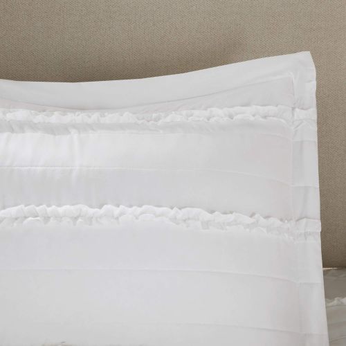  Madison Park Celeste KingCal King Size Quilt Bedding Set - White, Ruffle Stripes  4 Piece Bedding Quilt Coverlets  Ultra Soft Microfiber Bed Quilts Quilted Coverlet