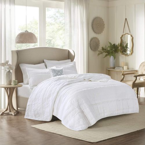  Madison Park Celeste KingCal King Size Quilt Bedding Set - White, Ruffle Stripes  4 Piece Bedding Quilt Coverlets  Ultra Soft Microfiber Bed Quilts Quilted Coverlet