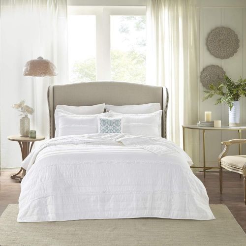  Madison Park Celeste KingCal King Size Quilt Bedding Set - White, Ruffle Stripes  4 Piece Bedding Quilt Coverlets  Ultra Soft Microfiber Bed Quilts Quilted Coverlet