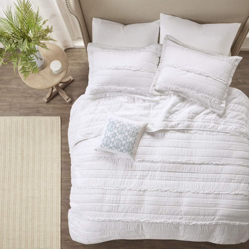  Madison Park Celeste KingCal King Size Quilt Bedding Set - White, Ruffle Stripes  4 Piece Bedding Quilt Coverlets  Ultra Soft Microfiber Bed Quilts Quilted Coverlet