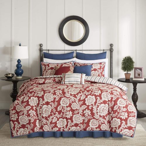 Madison Park Lucy King Size Bed Comforter Set Bed in A Bag - Red, Navy, Reversible Floral, Stripes  9 Pieces Bedding Sets  Cotton Twill, Cotton Poly Blend Reverse Bedroom Comfort