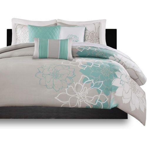  Madison Park Lola Duvet Cover KingCal King Size - Aqua, Grey, Floral, Flowers Duvet Cover Set  6 Piece  Cotton Sateen, Cotton Poly Crossweave Light Weight Bed Comforter Covers