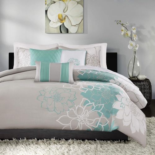  Madison Park Lola Duvet Cover KingCal King Size - Aqua, Grey, Floral, Flowers Duvet Cover Set  6 Piece  Cotton Sateen, Cotton Poly Crossweave Light Weight Bed Comforter Covers