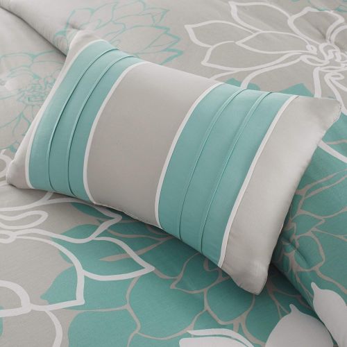  Madison Park Lola Duvet Cover KingCal King Size - Aqua, Grey, Floral, Flowers Duvet Cover Set  6 Piece  Cotton Sateen, Cotton Poly Crossweave Light Weight Bed Comforter Covers