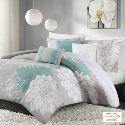  Madison Park Lola Duvet Cover KingCal King Size - Aqua, Grey, Floral, Flowers Duvet Cover Set  6 Piece  Cotton Sateen, Cotton Poly Crossweave Light Weight Bed Comforter Covers