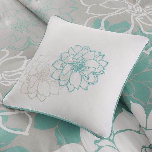  Madison Park Lola Duvet Cover KingCal King Size - Aqua, Grey, Floral, Flowers Duvet Cover Set  6 Piece  Cotton Sateen, Cotton Poly Crossweave Light Weight Bed Comforter Covers