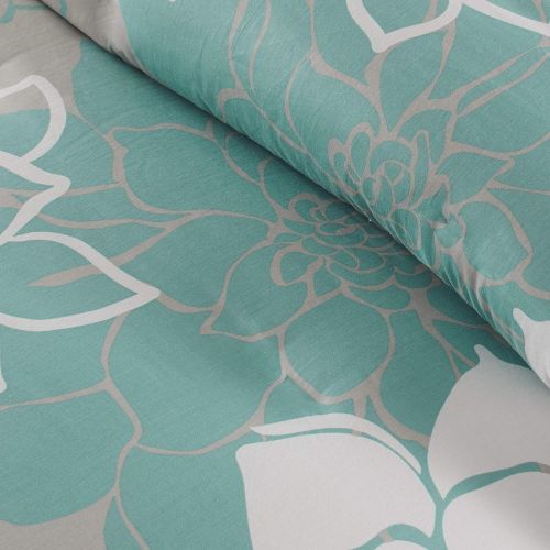  Madison Park Lola Duvet Cover KingCal King Size - Aqua, Grey, Floral, Flowers Duvet Cover Set  6 Piece  Cotton Sateen, Cotton Poly Crossweave Light Weight Bed Comforter Covers