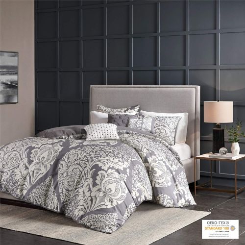  Madison Park Vienna Duvet Cover King Size - Grey, Damask Duvet Cover Set  6 Piece  Cotton Light Weight Bed Comforter Covers