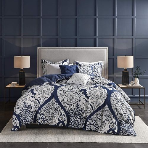  Madison Park Vienna Duvet Cover King Size - Grey, Damask Duvet Cover Set  6 Piece  Cotton Light Weight Bed Comforter Covers