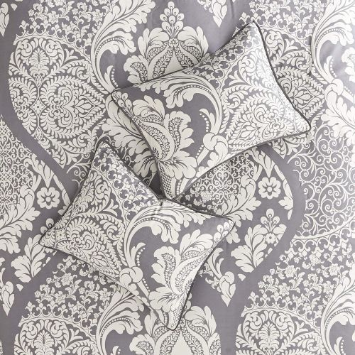  Madison Park Vienna Duvet Cover King Size - Grey, Damask Duvet Cover Set  6 Piece  Cotton Light Weight Bed Comforter Covers