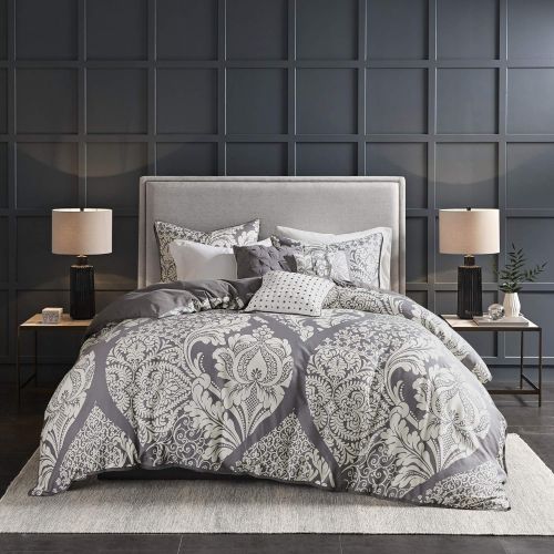  Madison Park Vienna Duvet Cover King Size - Grey, Damask Duvet Cover Set  6 Piece  Cotton Light Weight Bed Comforter Covers