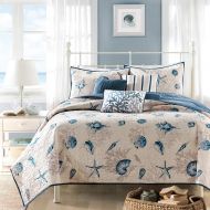 Madison Park Bayside FullQueen Size Quilt Bedding Set - Blue, Khaki, Seashells  6 Piece Bedding Quilt Coverlets  100% Cotton Sateen Bed Quilts Quilted Coverlet