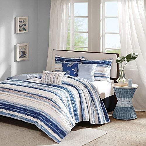  Madison Park Bayside FullQueen Size Quilt Bedding Set - Blue, Khaki, Seashells  6 Piece Bedding Quilt Coverlets  100% Cotton Sateen Bed Quilts Quilted Coverlet