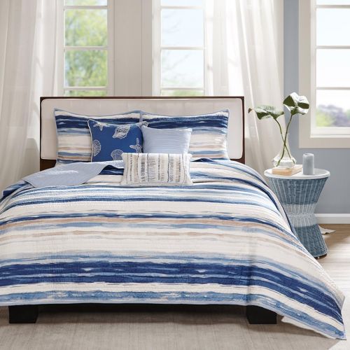  Madison Park Bayside FullQueen Size Quilt Bedding Set - Blue, Khaki, Seashells  6 Piece Bedding Quilt Coverlets  100% Cotton Sateen Bed Quilts Quilted Coverlet